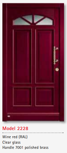 UNILUX Model 2228 Wine Red Door, Clear Glass, Polished Brass Handle, Triple Sealed, Secure Timber Entry